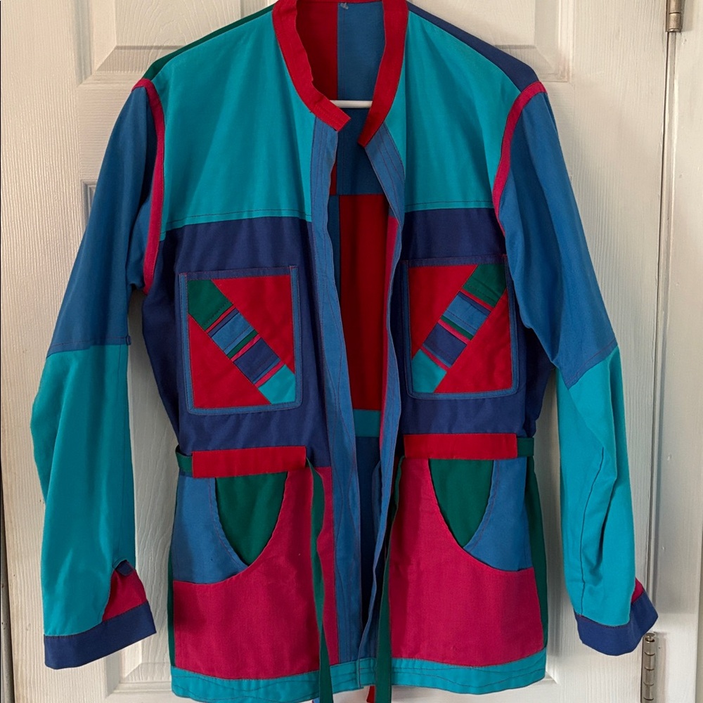 Colorblock Abstract Art Jacket Belted Statement Funky 90s Vintage Style Coat - Picture 3 of 8